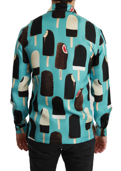 Camisa casual de seda azul con estampado de helados de Dolce & Gabbana