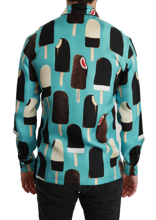 Camisa casual de seda azul con estampado de helados de Dolce & Gabbana