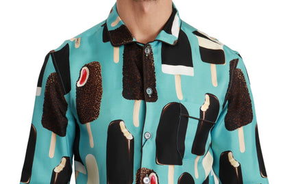 Camisa casual de seda azul con estampado de helados de Dolce & Gabbana