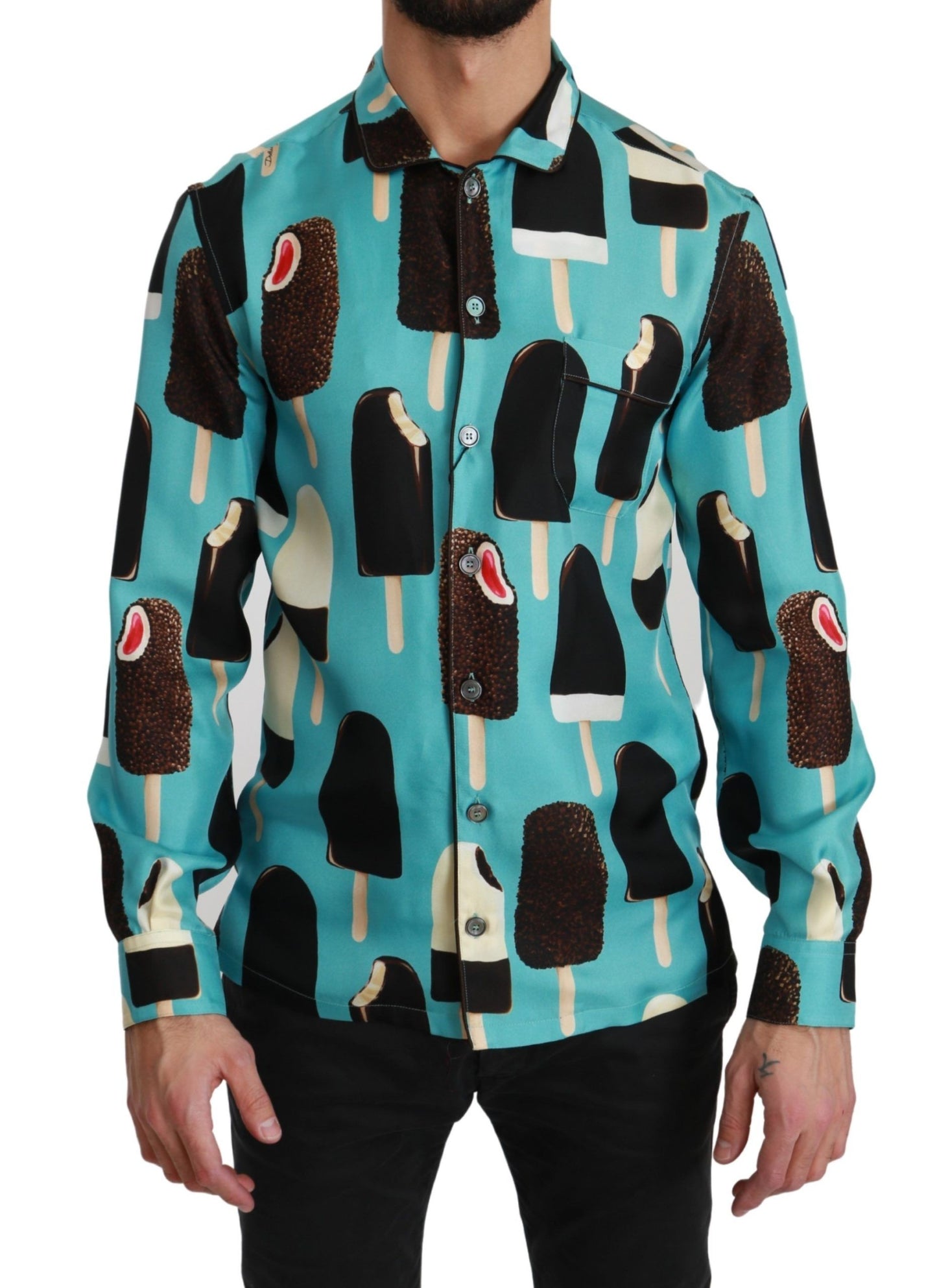 Camisa casual de seda azul con estampado de helados de Dolce & Gabbana