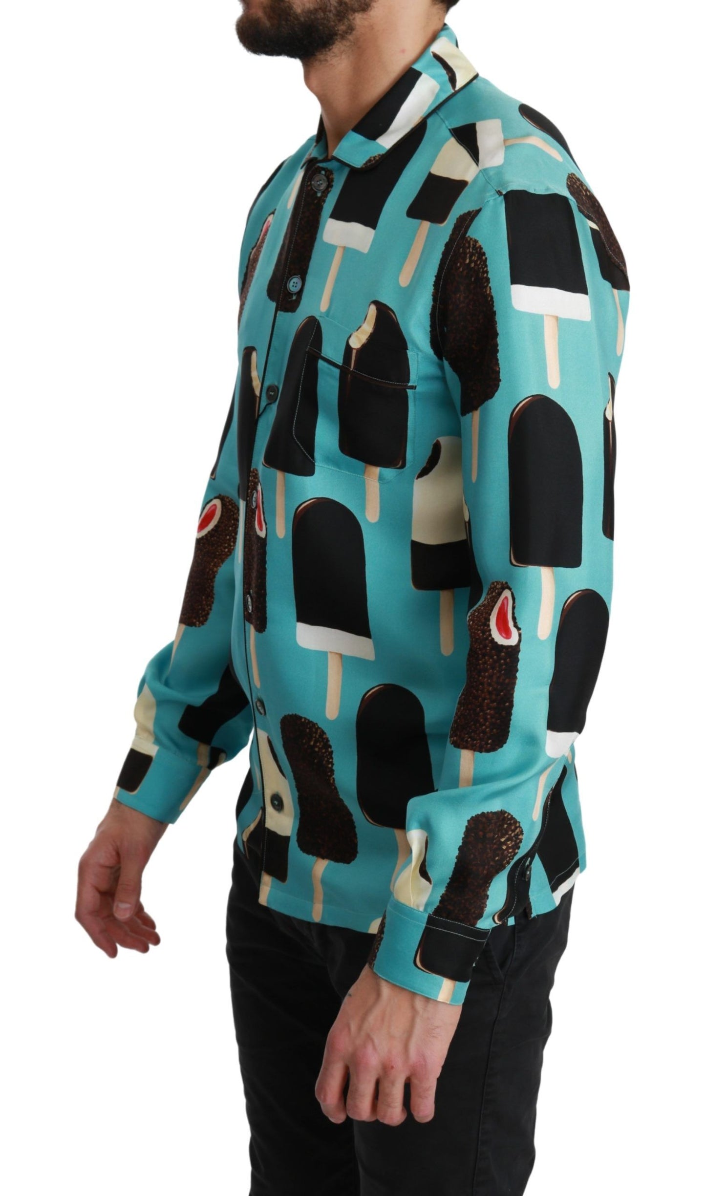 Camisa casual de seda azul con estampado de helados de Dolce & Gabbana