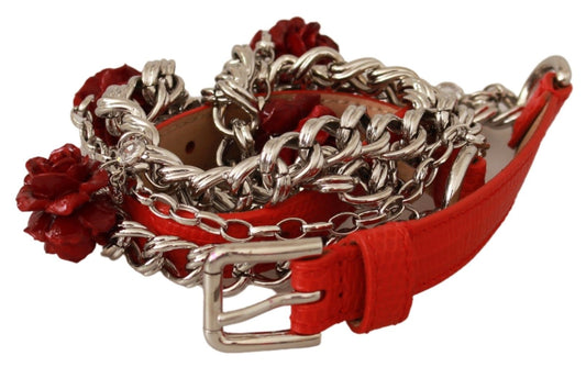 Cinturón de cintura plateado con rosas de cuero rojo de Dolce & Gabbana