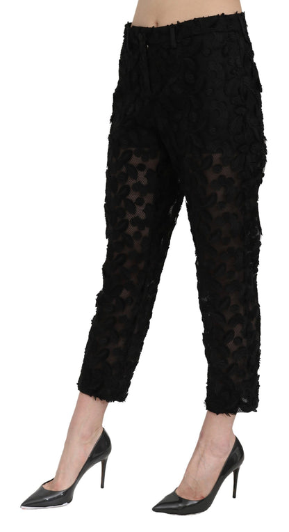 Pantalones rectos negros de encaje de talle alto y corte capri de Dolce & Gabbana
