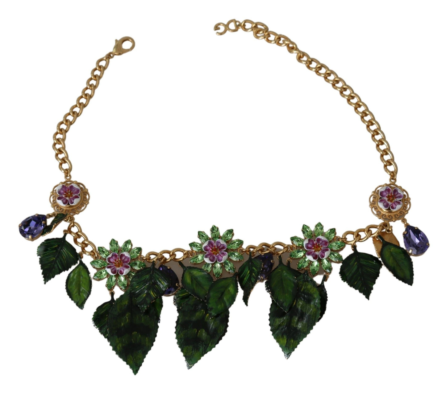 Collar con colgante de flor de cristal de latón dorado y hojas verdes de Dolce & Gabbana