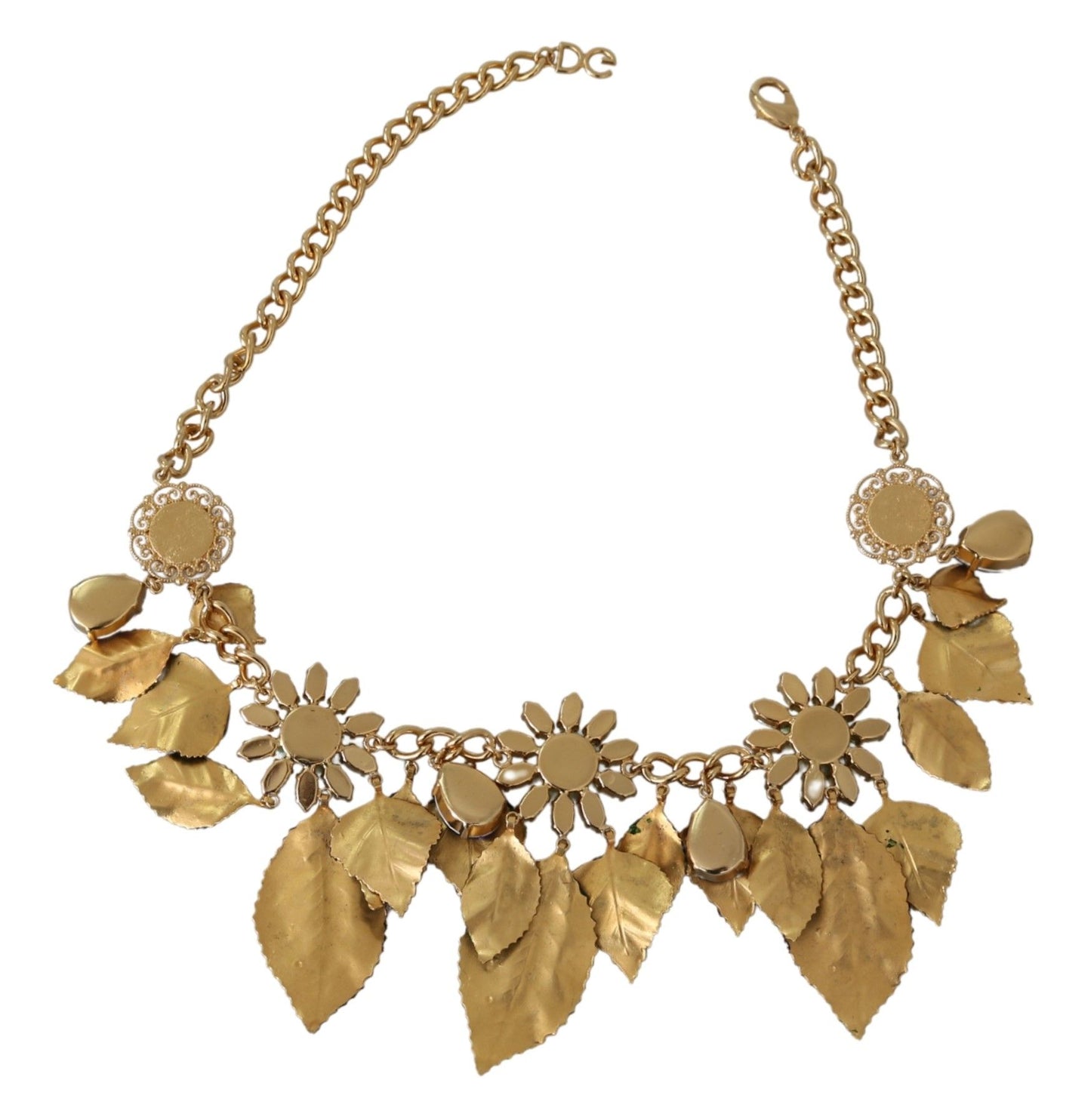 Collar con colgante de flor de cristal de latón dorado y hojas verdes de Dolce & Gabbana