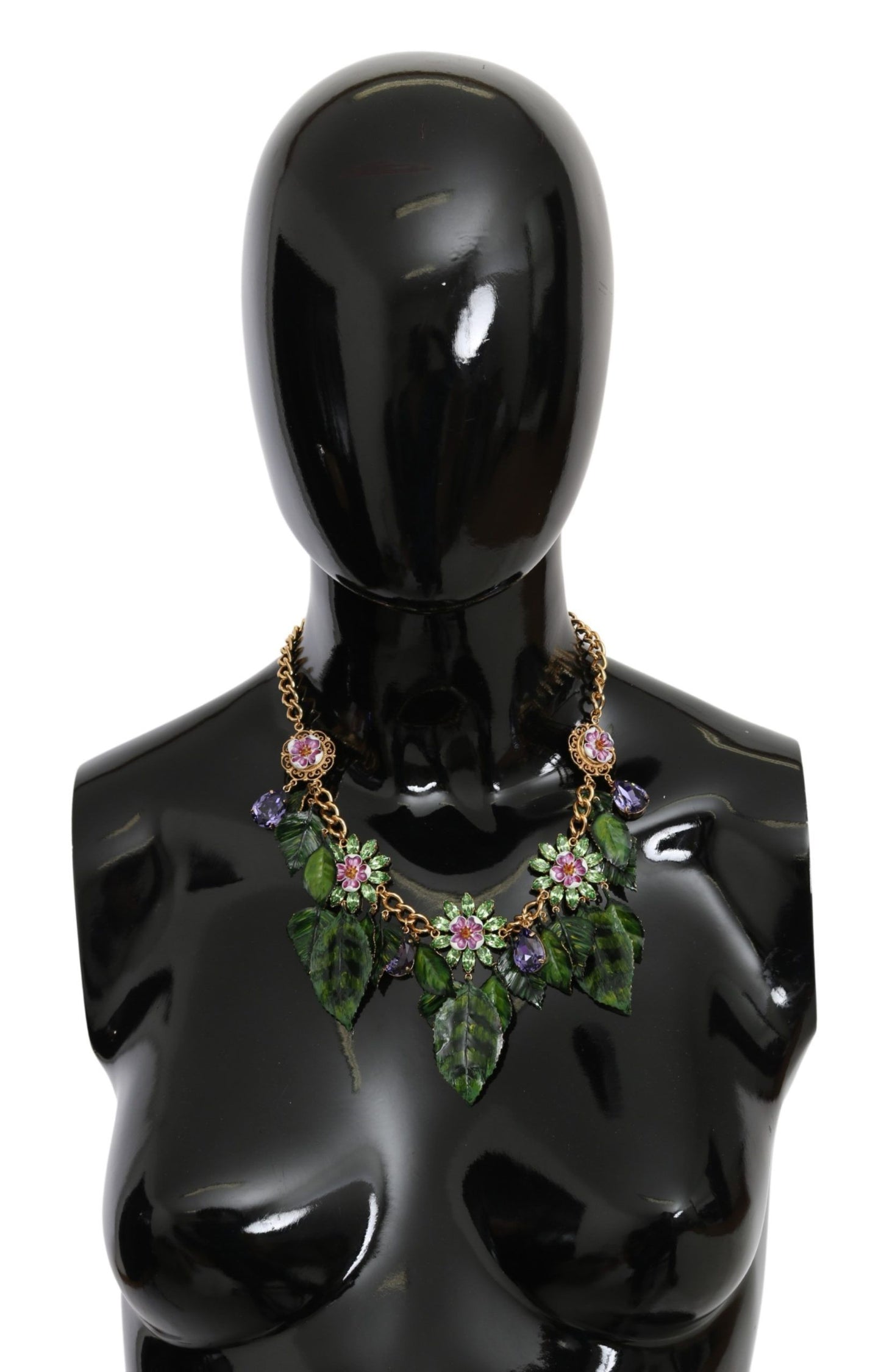 Collar con colgante de flor de cristal de latón dorado y hojas verdes de Dolce & Gabbana