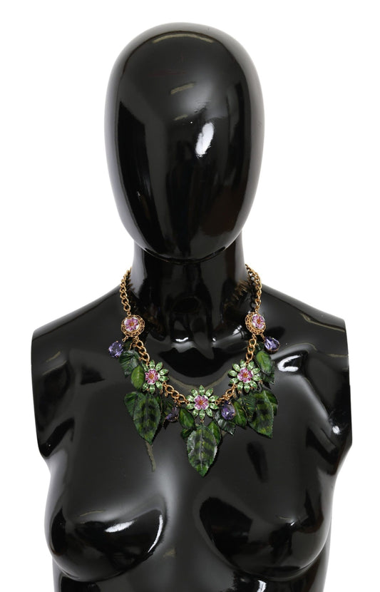 Collar con colgante de flor de cristal de latón dorado y hojas verdes de Dolce & Gabbana
