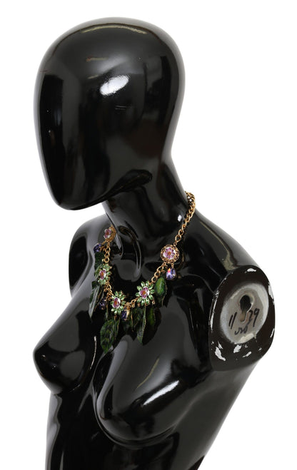 Collar con colgante de flor de cristal de latón dorado y hojas verdes de Dolce & Gabbana