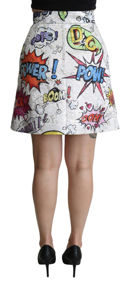 Falda de talle alto con forma de A de brocado de dibujos animados blanca de Dolce & Gabbana