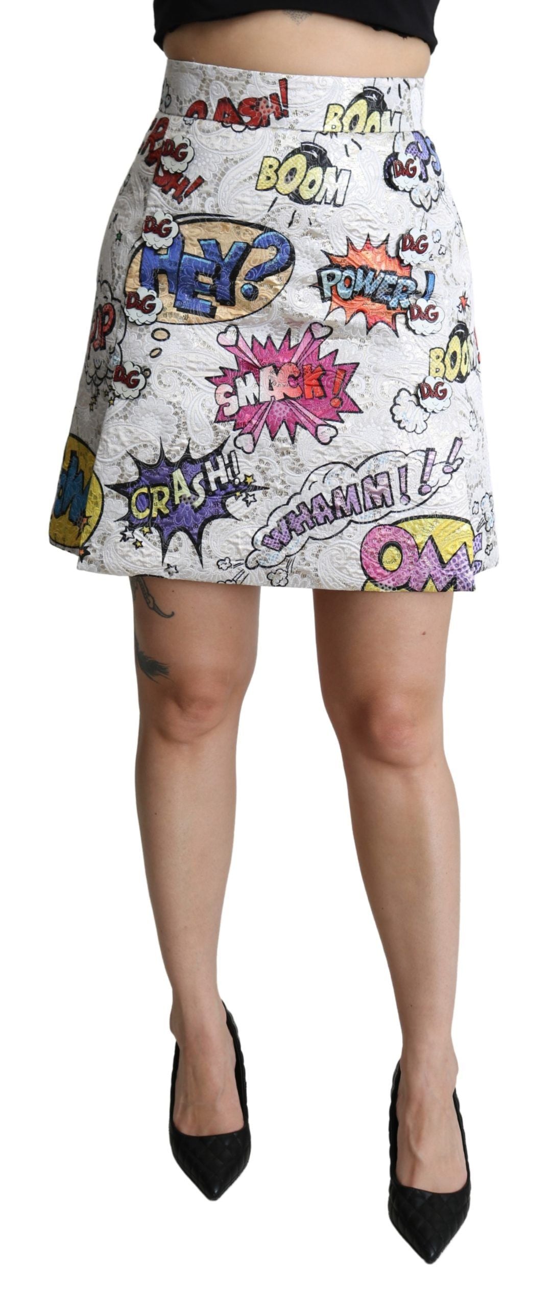 Falda de talle alto con forma de A de brocado de dibujos animados blanca de Dolce & Gabbana