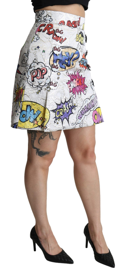 Falda de talle alto con forma de A de brocado de dibujos animados blanca de Dolce & Gabbana