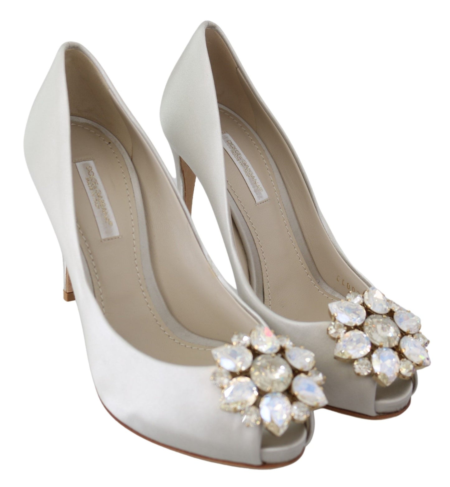 Zapatos de salón Dolce & Gabbana de raso con puntera abierta y cristales blancos