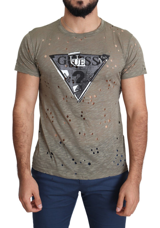 Guess camiseta perforada de algodón elástico marrón con logo estampado para hombre