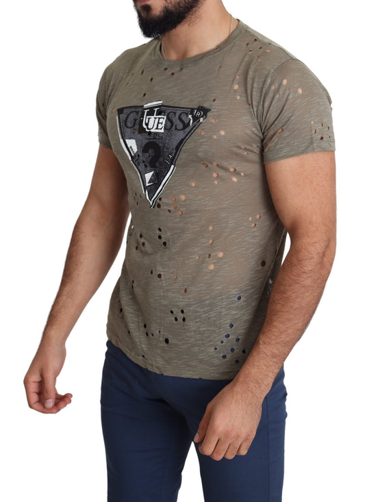 Guess camiseta perforada de algodón elástico marrón con logo estampado para hombre