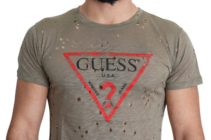 Guess camiseta perforada de algodón elástico marrón con logo estampado para hombre