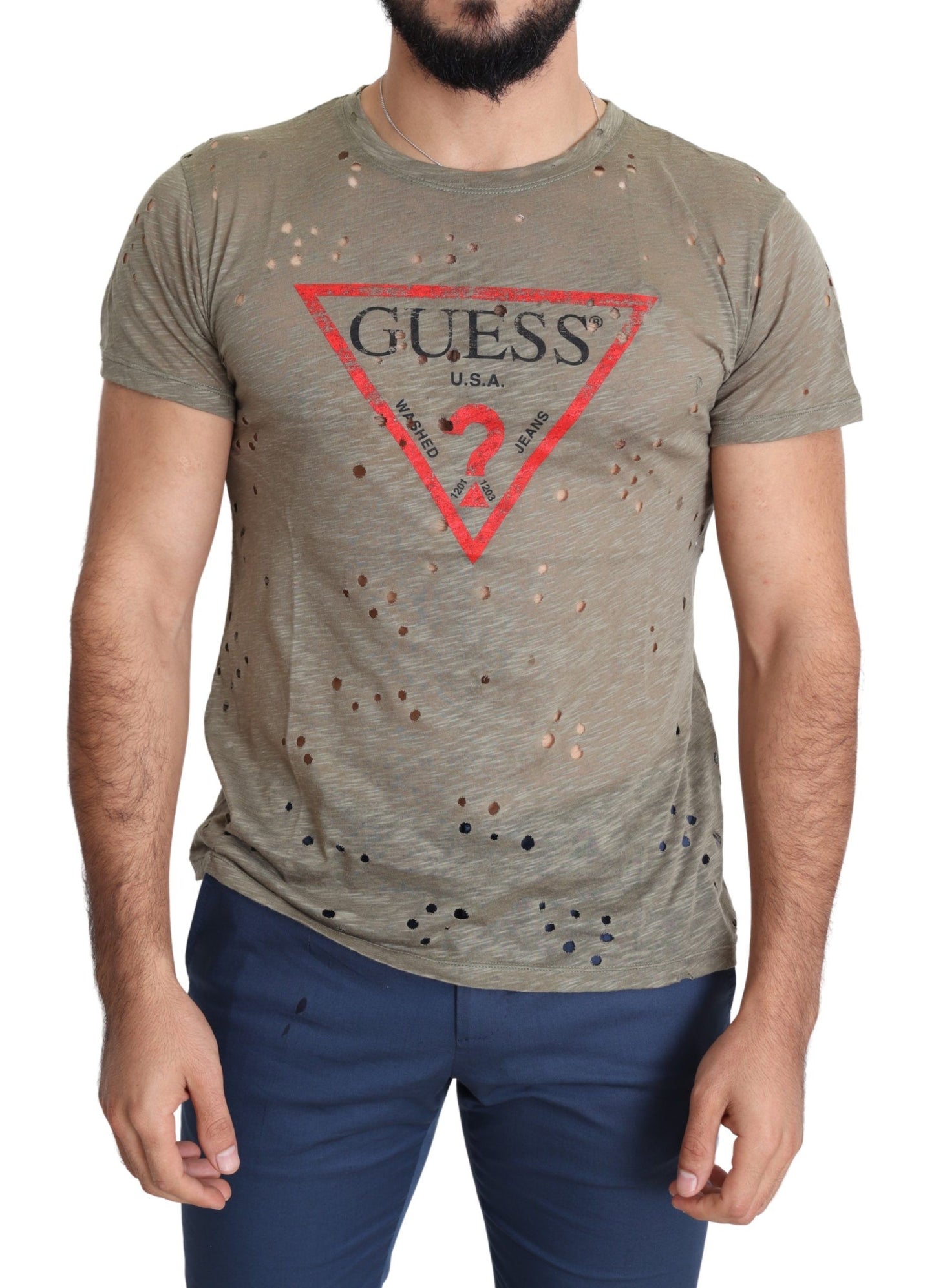 Guess camiseta perforada de algodón elástico marrón con logo estampado para hombre