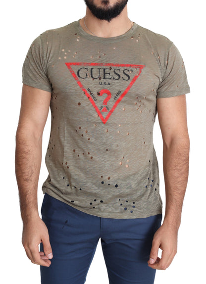 Guess camiseta perforada de algodón elástico marrón con logo estampado para hombre