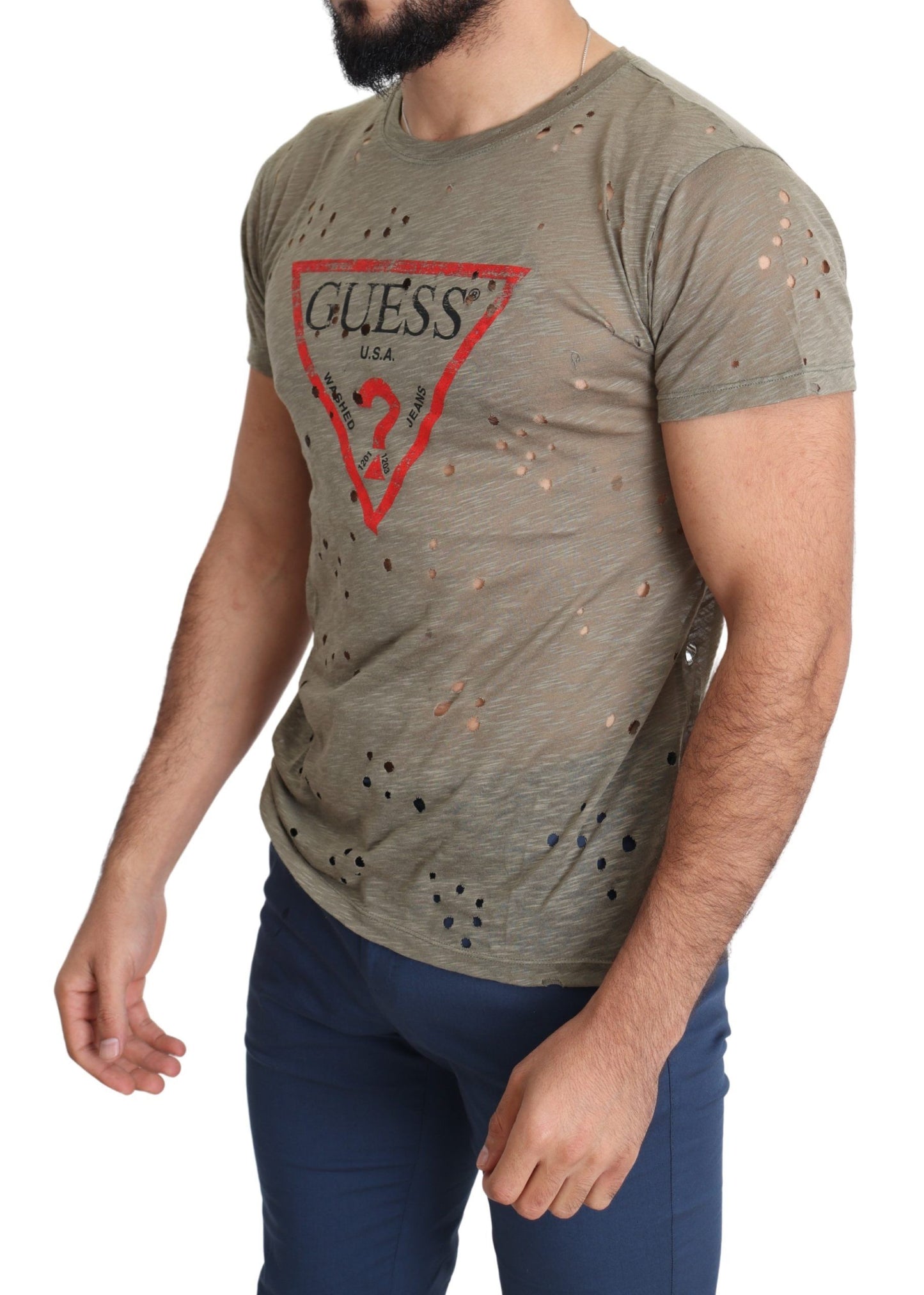 Guess camiseta perforada de algodón elástico marrón con logo estampado para hombre