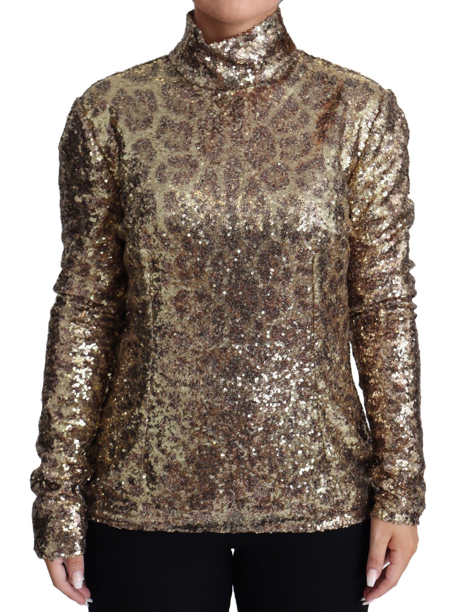 Suéter con cuello alto de lentejuelas con estampado de leopardo y ajuste Dolce & Gabbana Brown