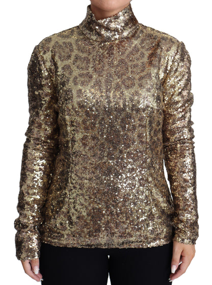 Suéter con cuello alto de lentejuelas con estampado de leopardo y ajuste Dolce & Gabbana Brown