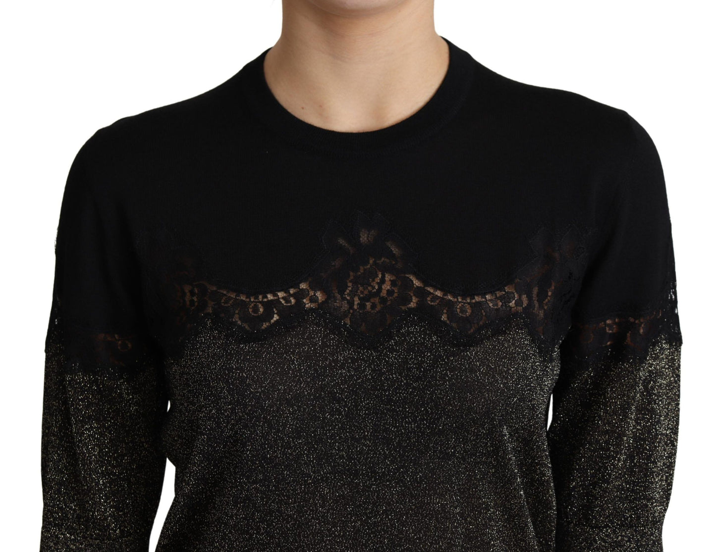 Top jersey Dolce & Gabbana negro brillante con inserciones de encaje de lúrex