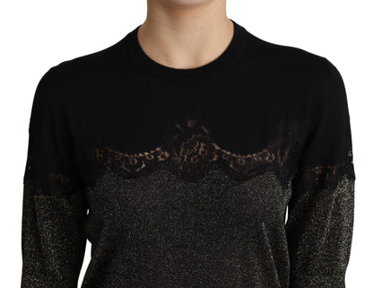 Top jersey Dolce & Gabbana negro brillante con inserciones de encaje de lúrex