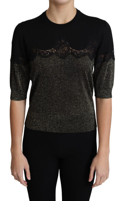 Top jersey Dolce & Gabbana negro brillante con inserciones de encaje de lúrex