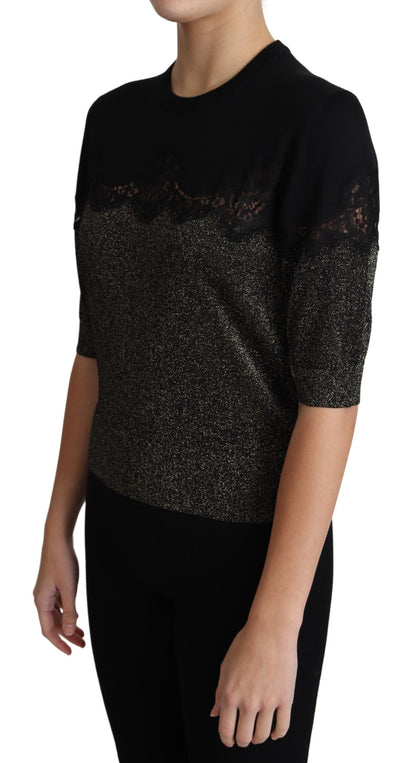 Top jersey Dolce & Gabbana negro brillante con inserciones de encaje de lúrex