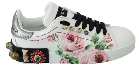Zapatillas de cuero blanco con rosas de cristal y motivo floral Dolce & Gabbana