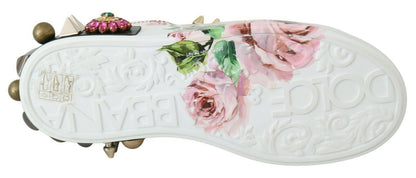 Zapatillas de cuero blanco con rosas de cristal y motivo floral Dolce & Gabbana
