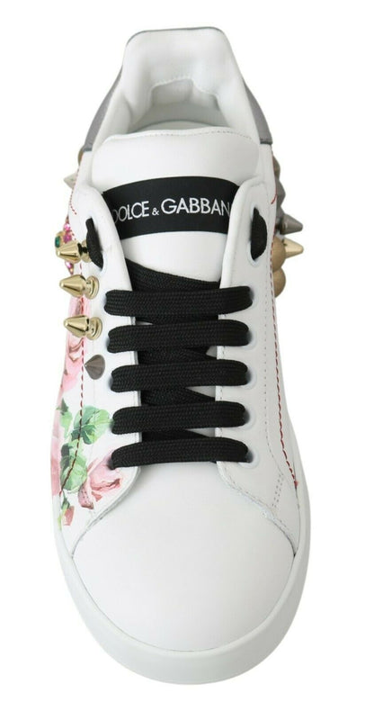 Zapatillas de cuero blanco con rosas de cristal y motivo floral Dolce & Gabbana