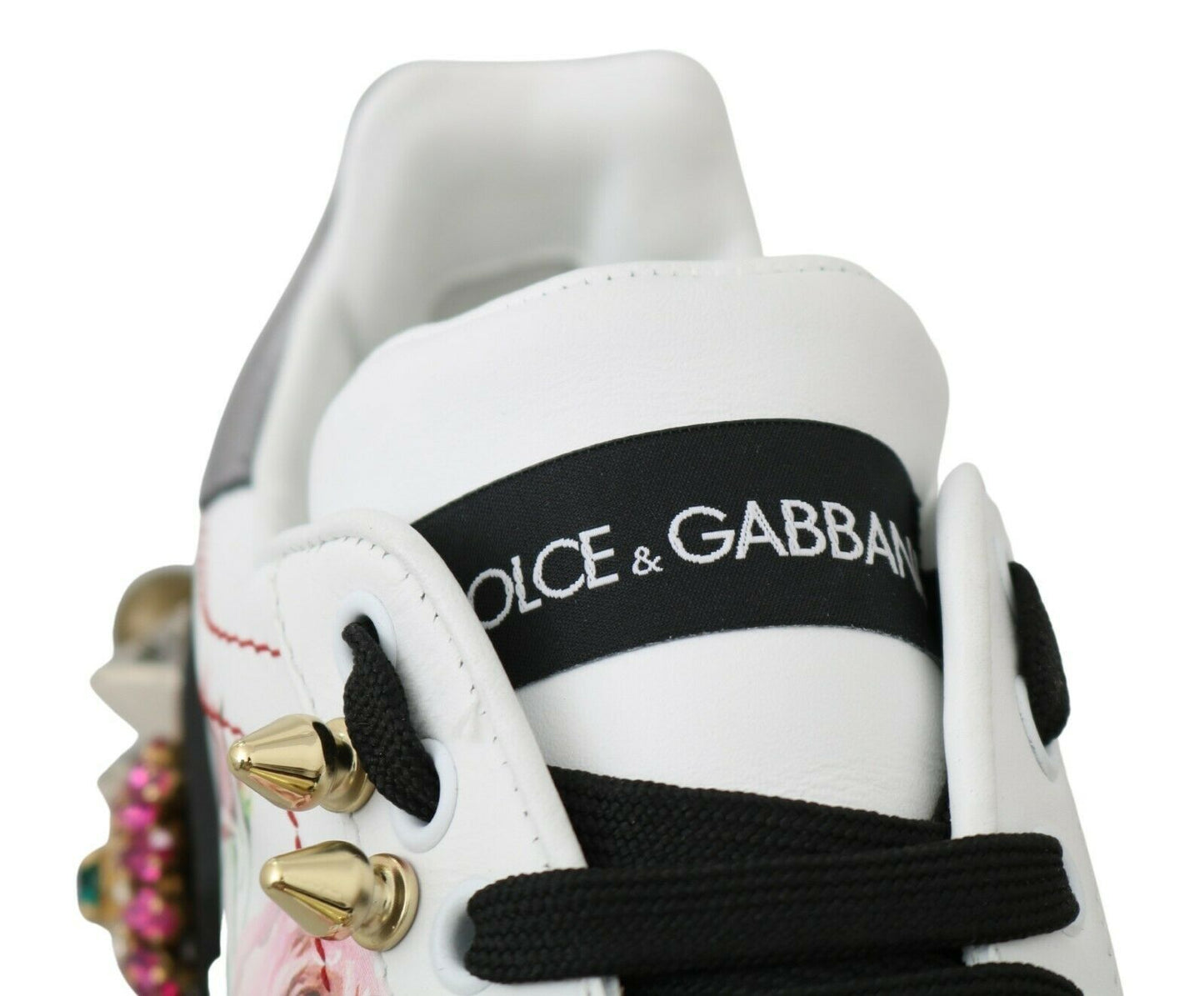 Zapatillas de cuero blanco con rosas de cristal y motivo floral Dolce & Gabbana
