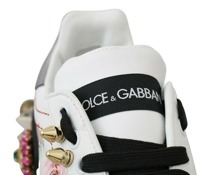 Zapatillas de cuero blanco con rosas de cristal y motivo floral Dolce & Gabbana