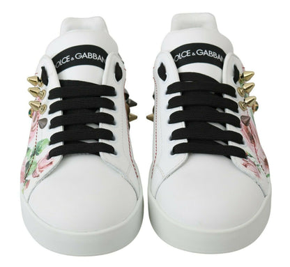 Zapatillas de cuero blanco con rosas de cristal y motivo floral Dolce & Gabbana