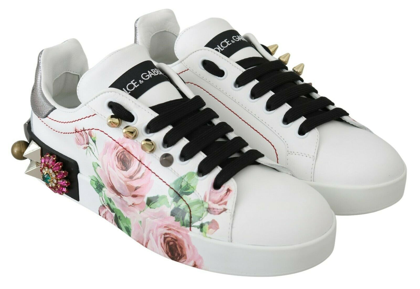 Zapatillas de cuero blanco con rosas de cristal y motivo floral Dolce & Gabbana