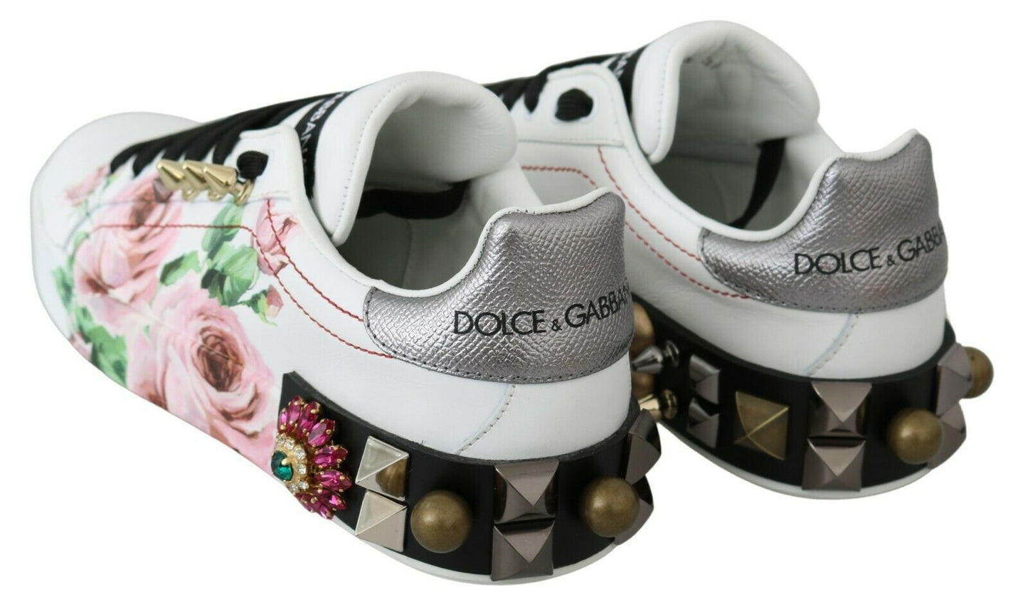 Zapatillas de cuero blanco con rosas de cristal y motivo floral Dolce & Gabbana