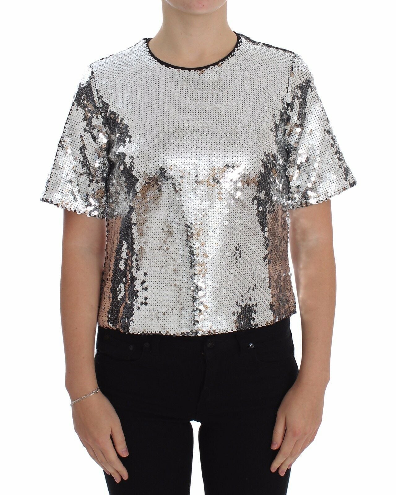 Dolce & Gabbana Blusa de Lentejuelas Plateadas Cuello Redondo Camiseta Top