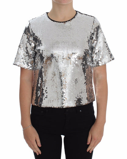 Dolce & Gabbana Blusa de Lentejuelas Plateadas Cuello Redondo Camiseta Top
