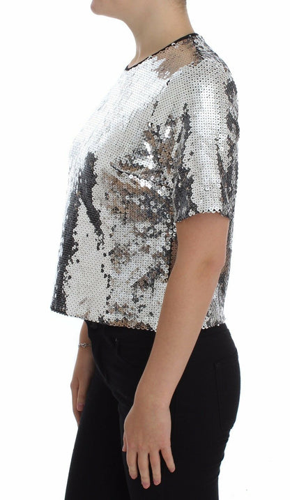 Dolce & Gabbana Blusa de Lentejuelas Plateadas Cuello Redondo Camiseta Top