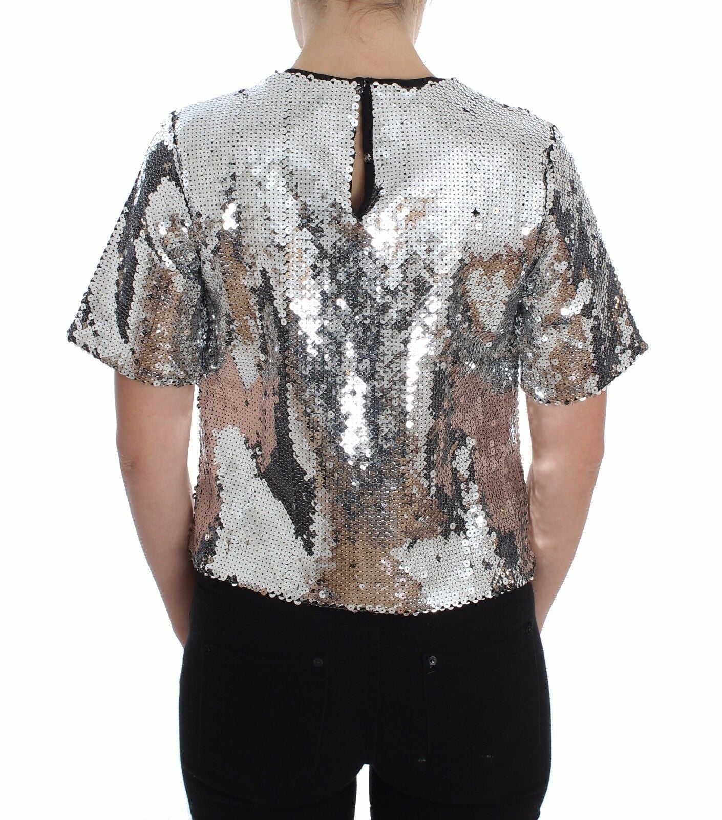 Dolce & Gabbana Blusa de Lentejuelas Plateadas Cuello Redondo Camiseta Top