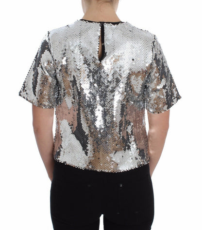 Dolce & Gabbana Blusa de Lentejuelas Plateadas Cuello Redondo Camiseta Top