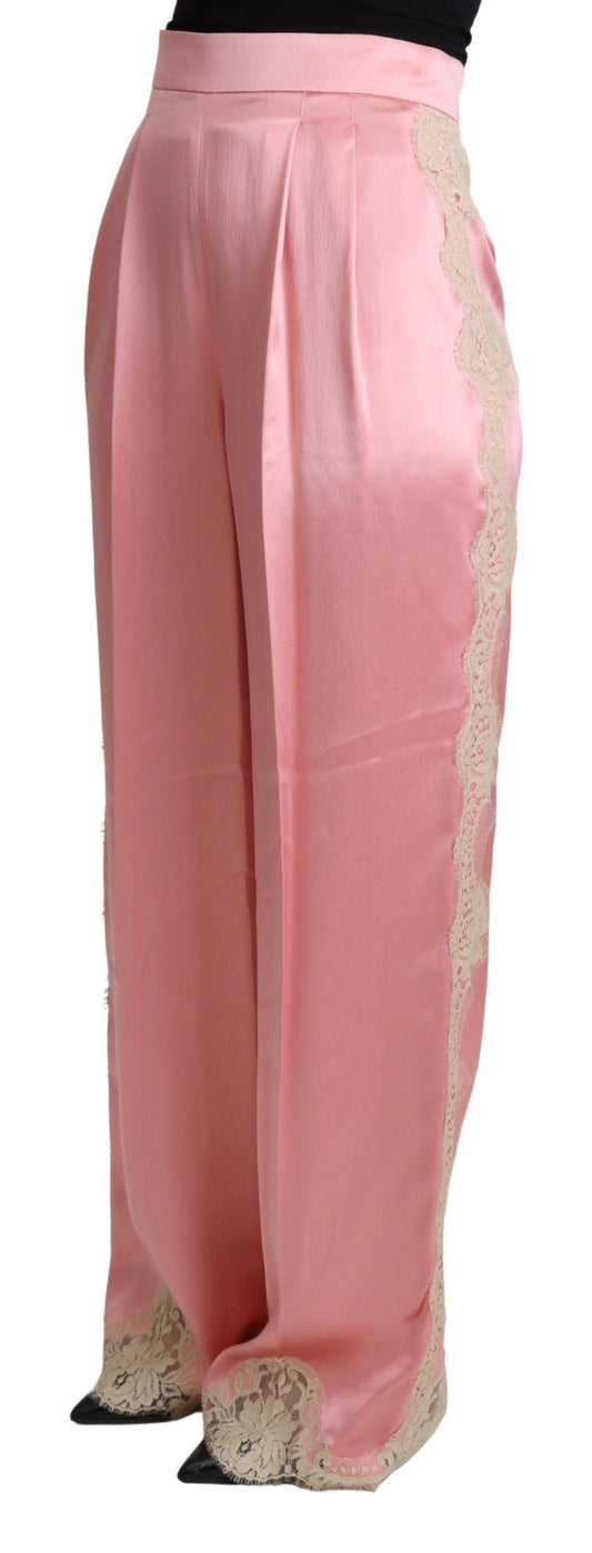 Pantalones de pernera ancha de satén de seda con ribete de encaje rosa de Dolce & Gabbana