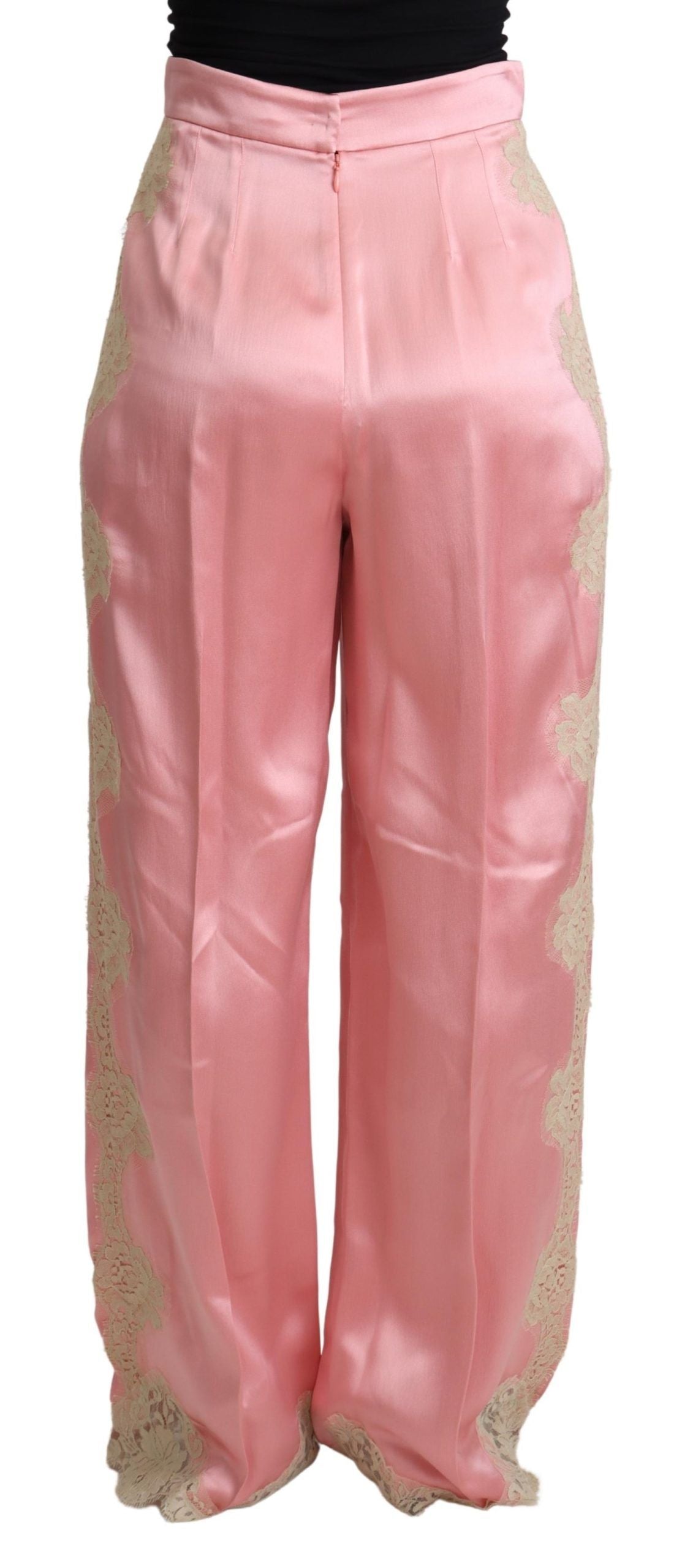 Pantalones de pernera ancha de satén de seda con ribete de encaje rosa de Dolce & Gabbana