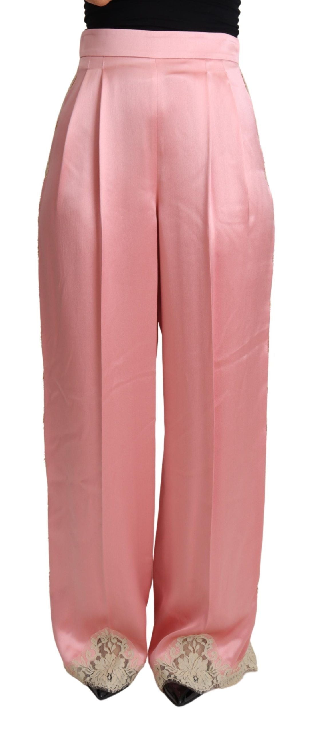 Pantalones de pernera ancha de satén de seda con ribete de encaje rosa de Dolce & Gabbana