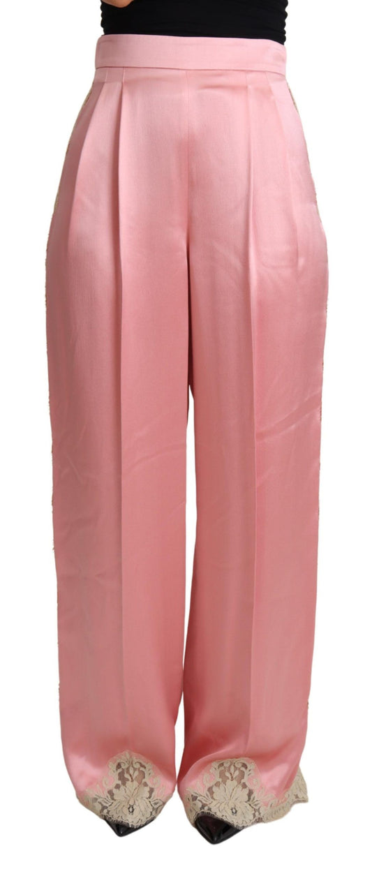 Pantalones de pernera ancha de satén de seda con ribete de encaje rosa de Dolce & Gabbana