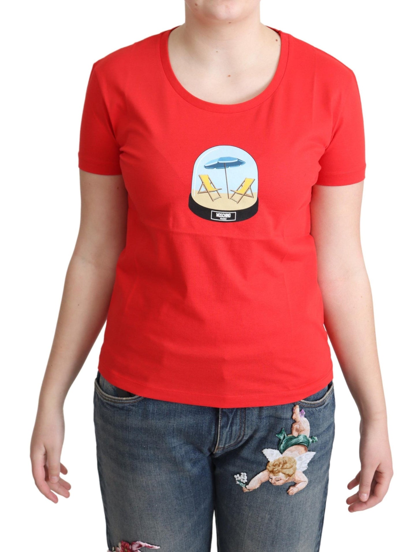 Camiseta blusa de manga corta de algodón estampado rojo Moschino