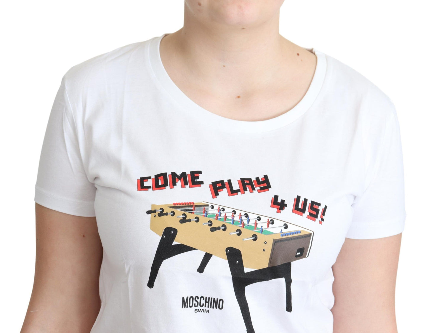 Camiseta Moschino blanca de algodón con estampado "Come Play 4 Us"