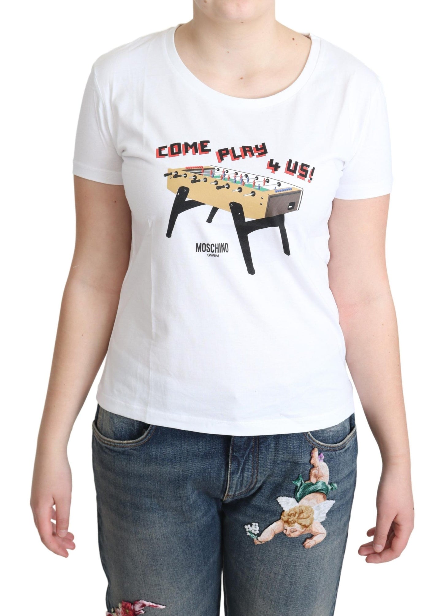 Camiseta Moschino blanca de algodón con estampado "Come Play 4 Us"