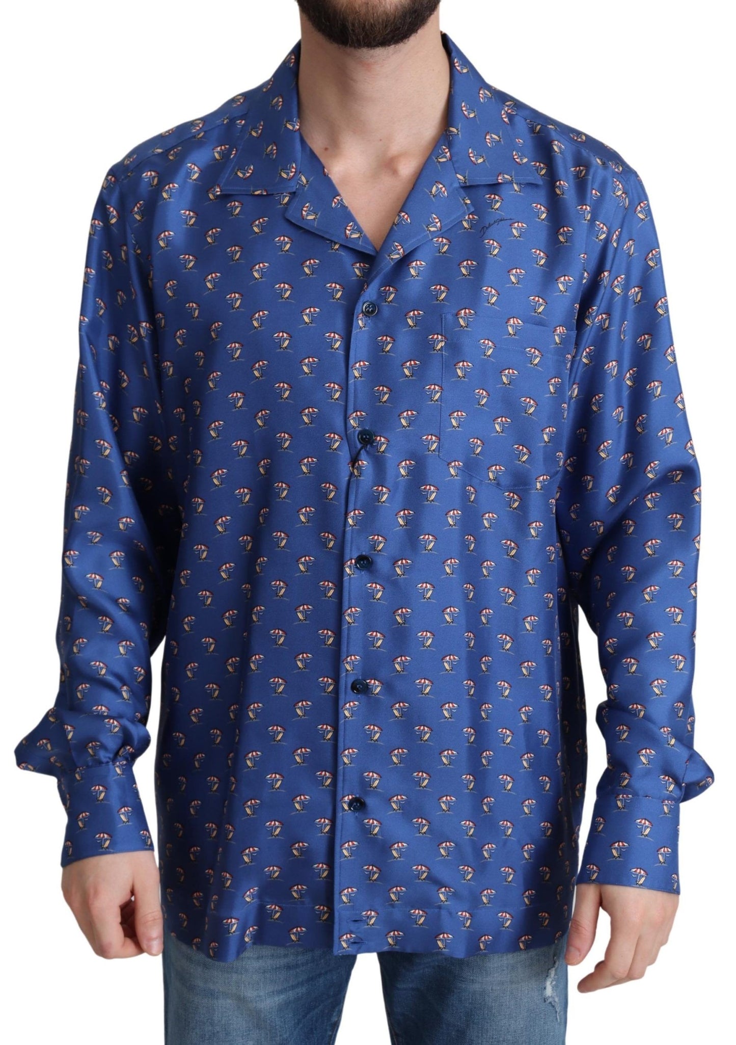 Camisa de seda con estampado de sombrilla y silla de playa azul de Dolce & Gabbana