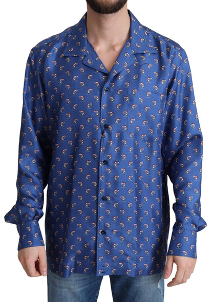 Camisa de seda con estampado de sombrilla y silla de playa azul de Dolce & Gabbana